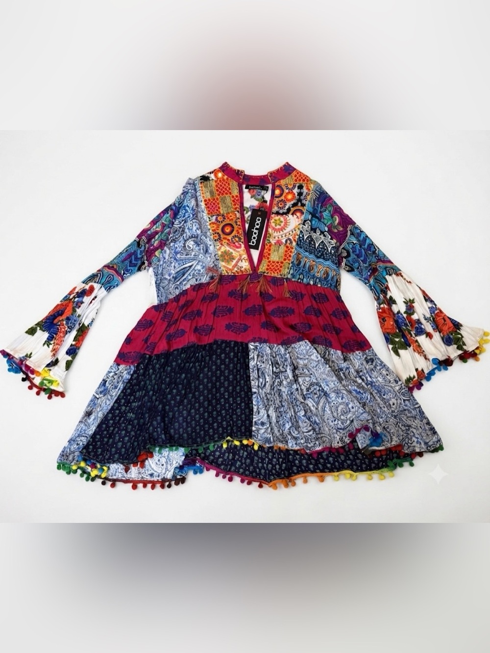 Boohoo Multicolor Patchwork Boho Dress with Pom Pom Trim